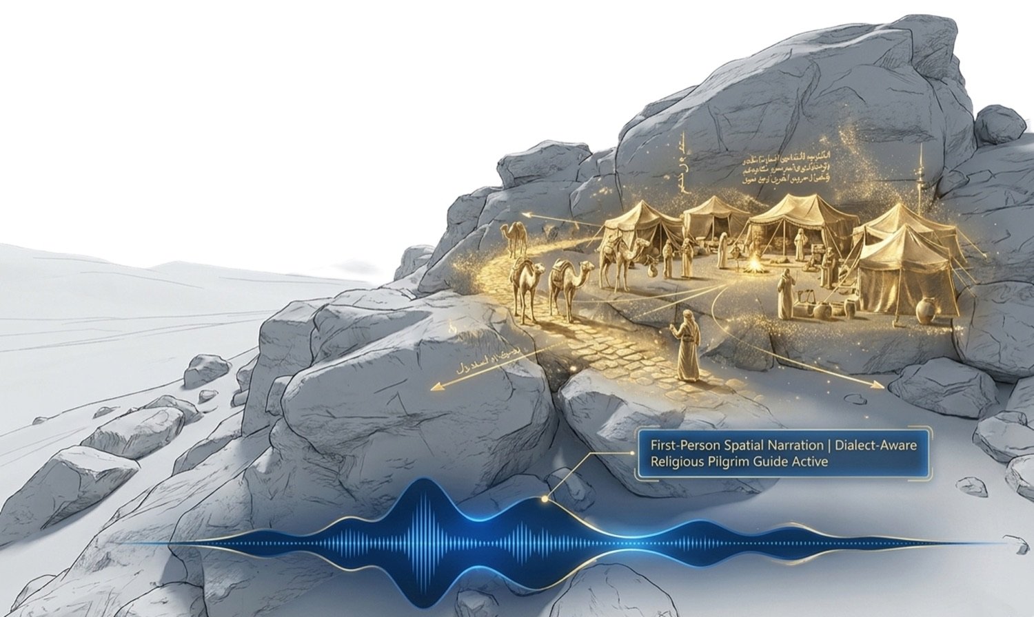 A rocky desert site with a historical caravan scene reconstructed in gold over the landscape, and a narration waveform beneath.