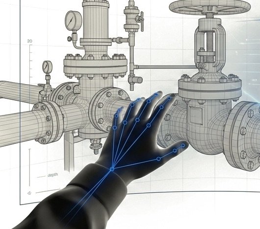 A tracked hand reaching for a valve on a wireframe pipe assembly in a training simulation.